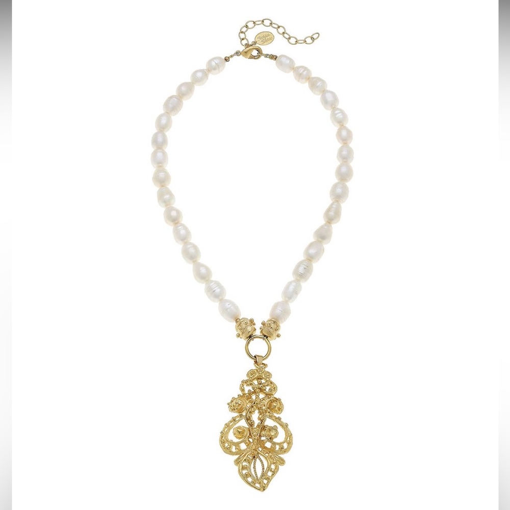 Authentic Susan Shaw French scroll cross on genuine fresh water pearl necklace